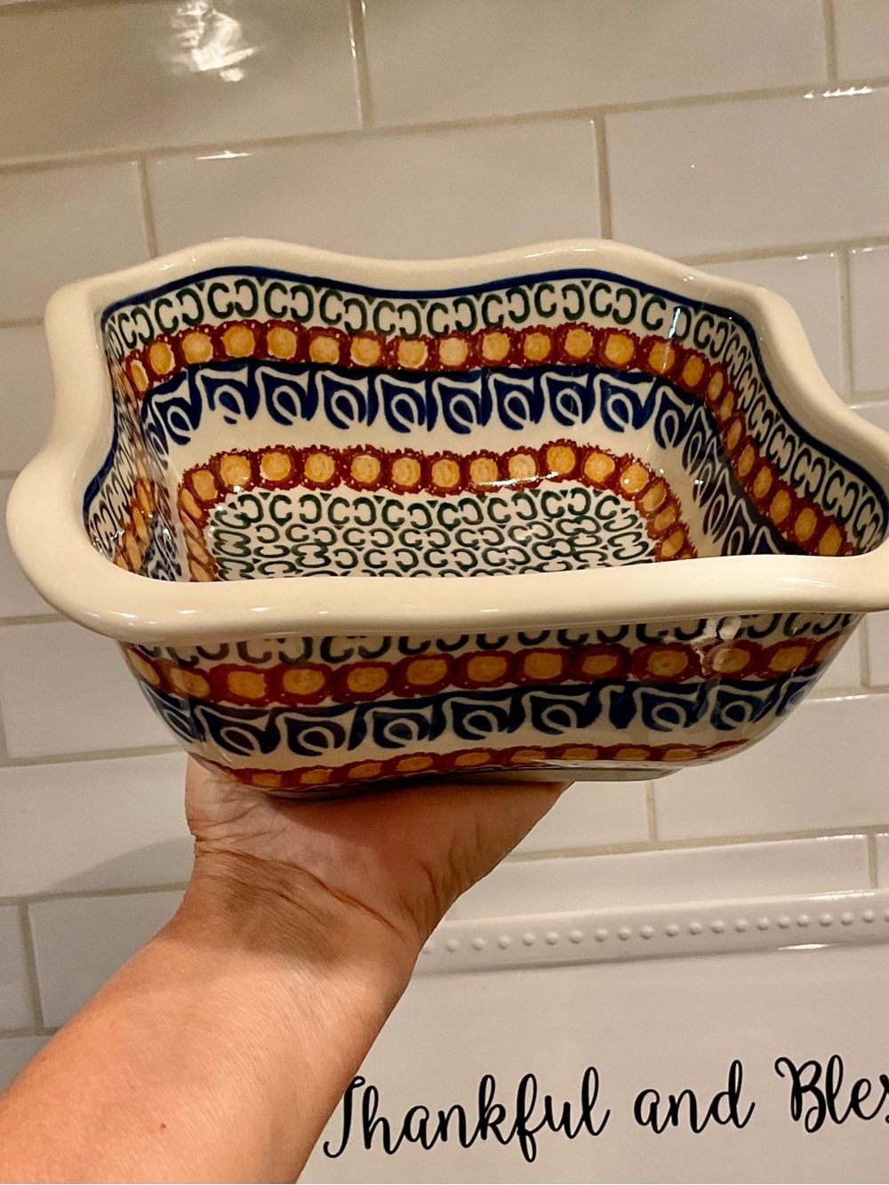 Hand-Painted and made in Decorative Ceramic Serving Bowl in Blue, Orange & Green